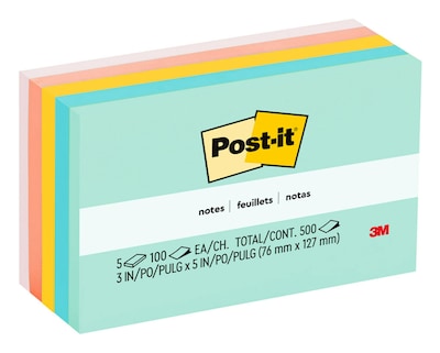 Post-it Notes, 3 x 5, Beachside Café Collection, 100 Sheet/Pad, 5 Pads/Pack (655AST)