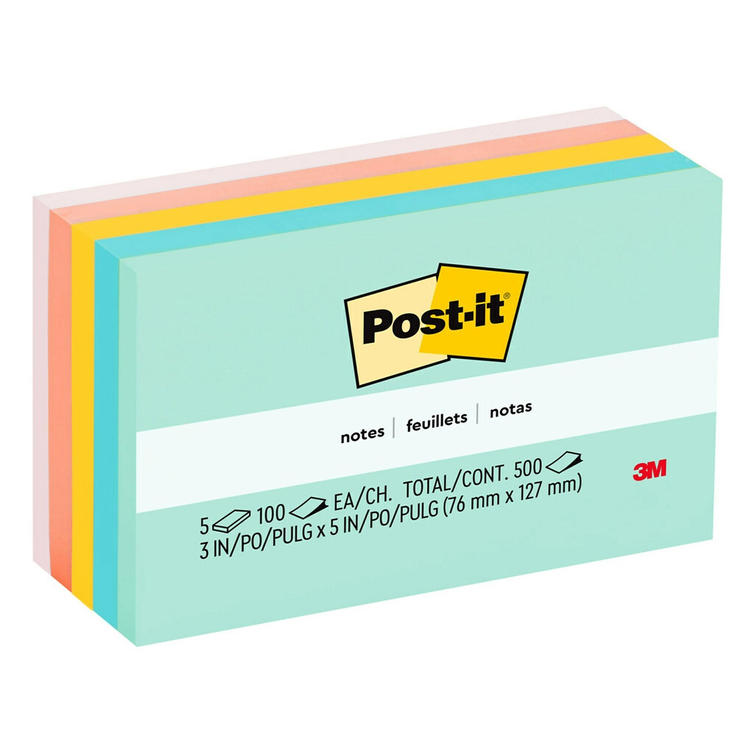 Post-it Notes, 3 x 5, Beachside Café Collection, 100 Sheet/Pad, 5 Pads/Pack (655AST)