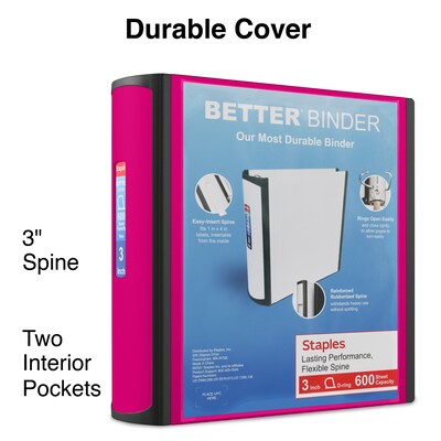 Staples® Better 3" 3 Ring View Binder with D-Rings, Pink (22724)