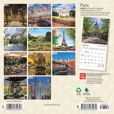 2024 BrownTrout Paris 7 x 14 Monthly Wall Calendar (9781975464479)