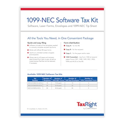 ComplyRight TaxRight 2023 1099-NEC Tax Form Kit with eFile Software & Envelopes, 4-Part, 15/Pack (NE