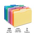 Staples® File Folders, 1/3-Cut Tab, Letter Size, Assorted Colors, 100/Pack (ST508804-CC)