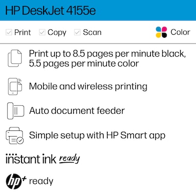 HP DeskJet 4155e Wireless Color Inkjet Printer, Print, scan, copy, Easy setup, Mobile printing, 3 months FREE INK with HP+