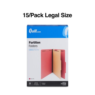 Quill Brand® 2/5-Cut Tab Pressboard Classification File Folders, 1-Partition, 4-Fasteners, Legal, Red, 15/Box (7-47030)