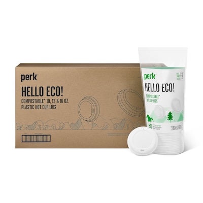 Perk™ Compostable Plastic Hot Cup Lid, 10/12/16 Oz., White, 500/Carton (PK56218CT)