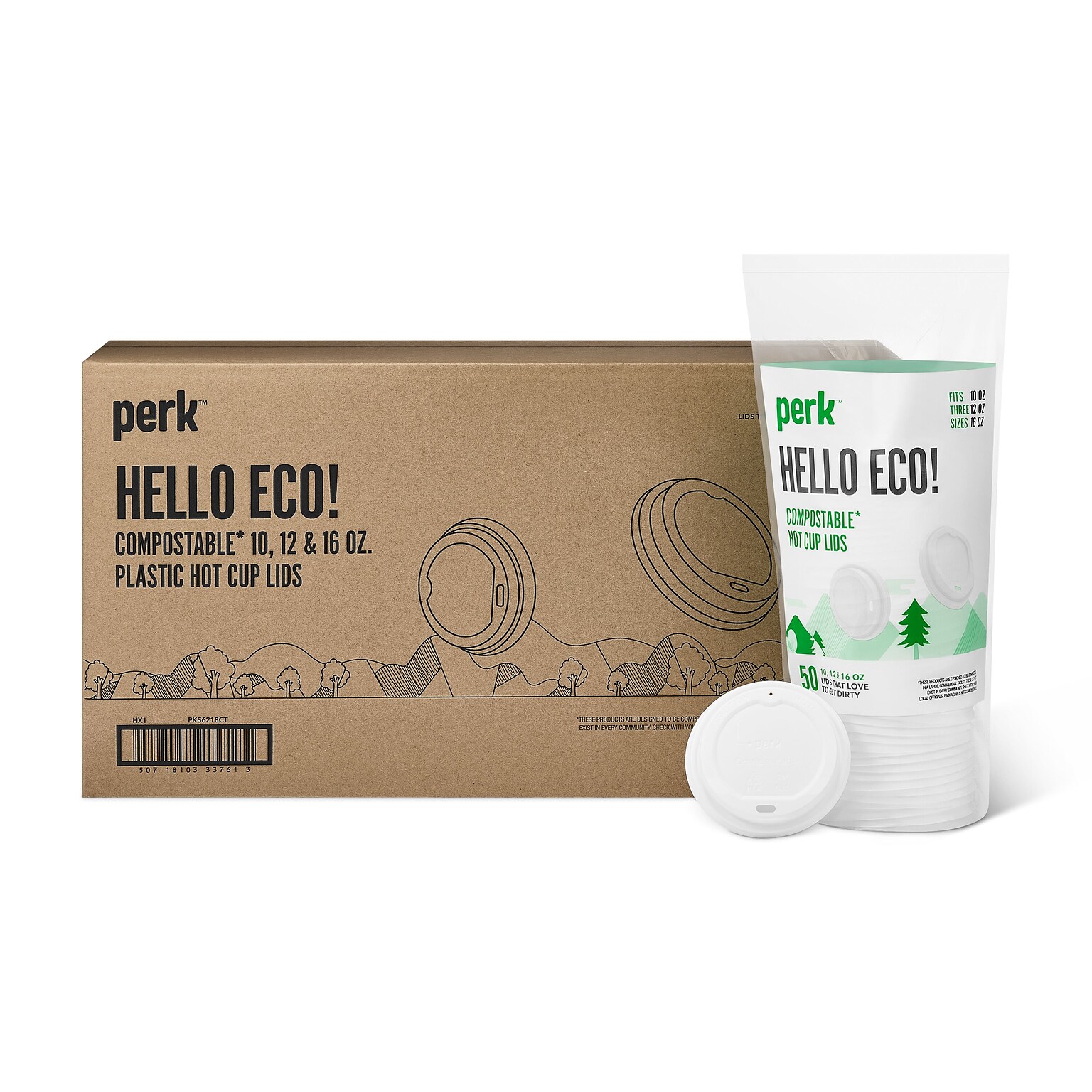 Perk™ Compostable Plastic Hot Cup Lid, 10/12/16 Oz., White, 500/Carton (PK56218CT)