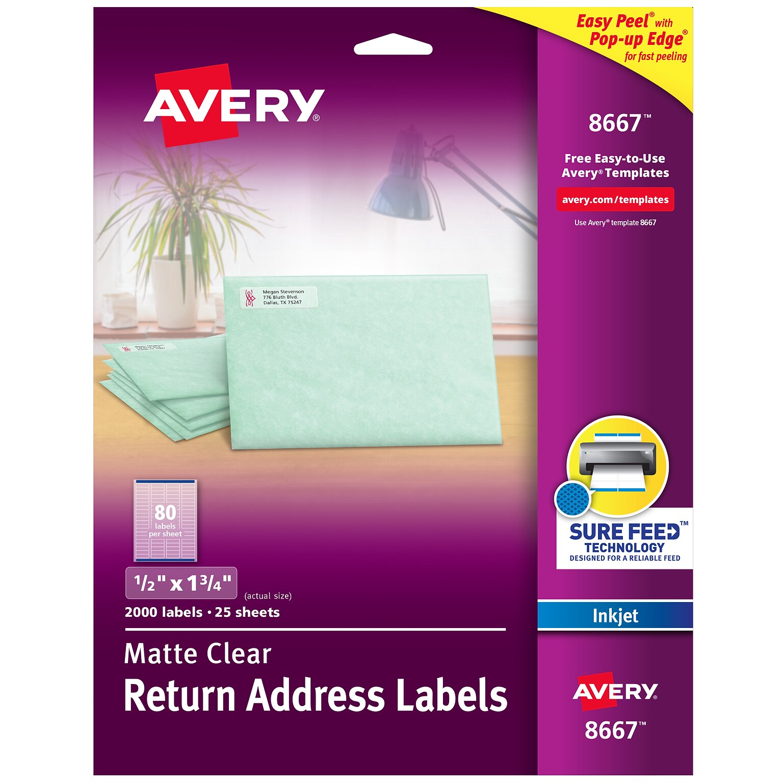 Avery Easy Peel Inkjet Return Address Labels, 1/2 x 1-3/4, Clear, 80 Labels/Sheet, 25 Sheets/Pack   (8667)