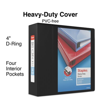 Staples® Heavy Duty 4" 3 Ring View Binder with D-Rings, Black, 4/Pack (56235CT/24695CT)