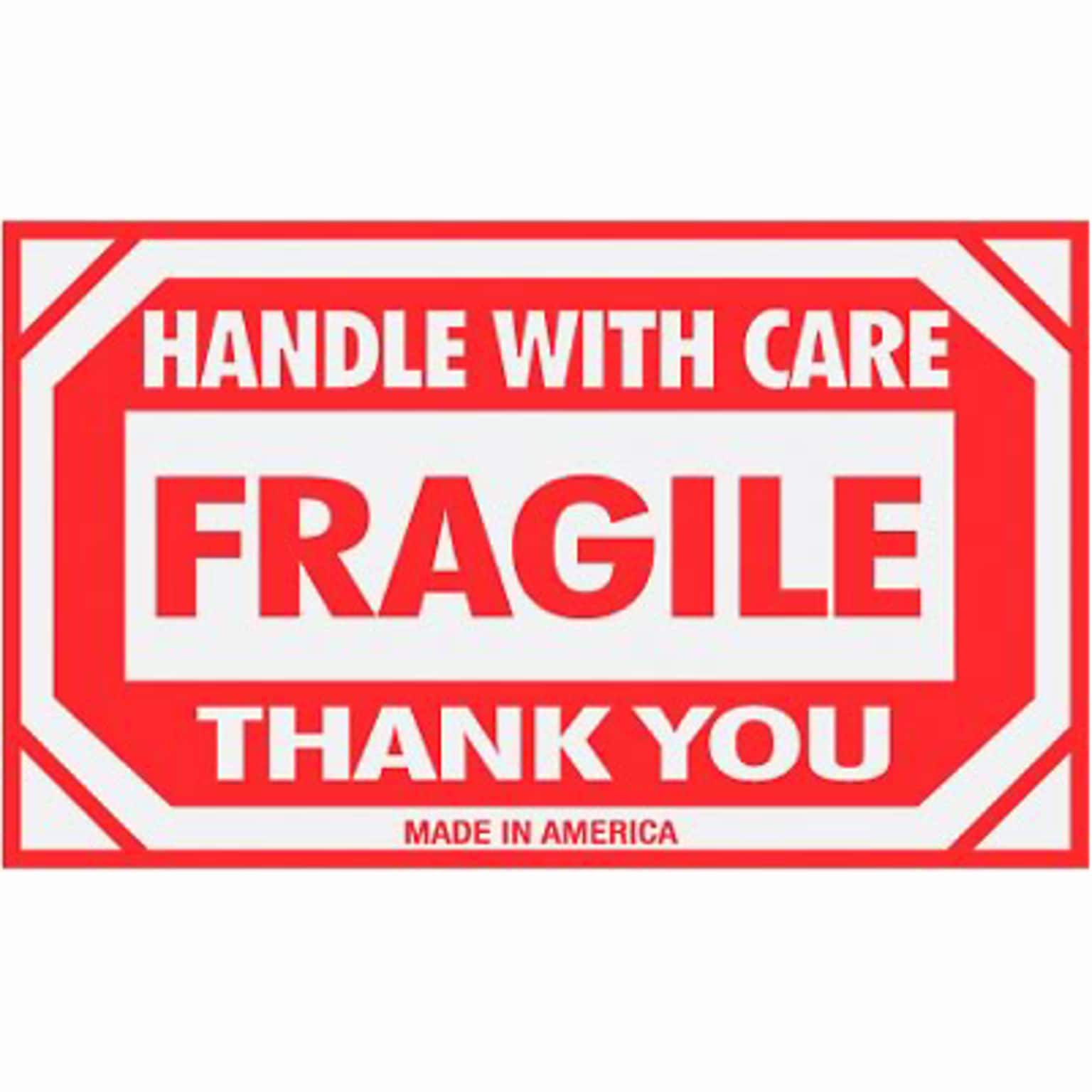 Shipping & Pallet Labels; 3x5  Handle With Care Fragile Thank You, 500 labels/Roll