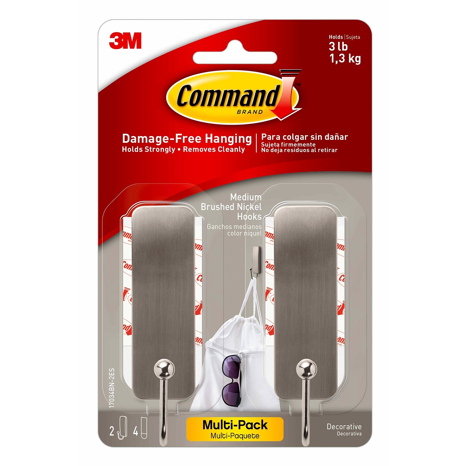 Command Medium Brushed Nickel Hooks, 2 Hooks/Pack (17034BN-2ES)