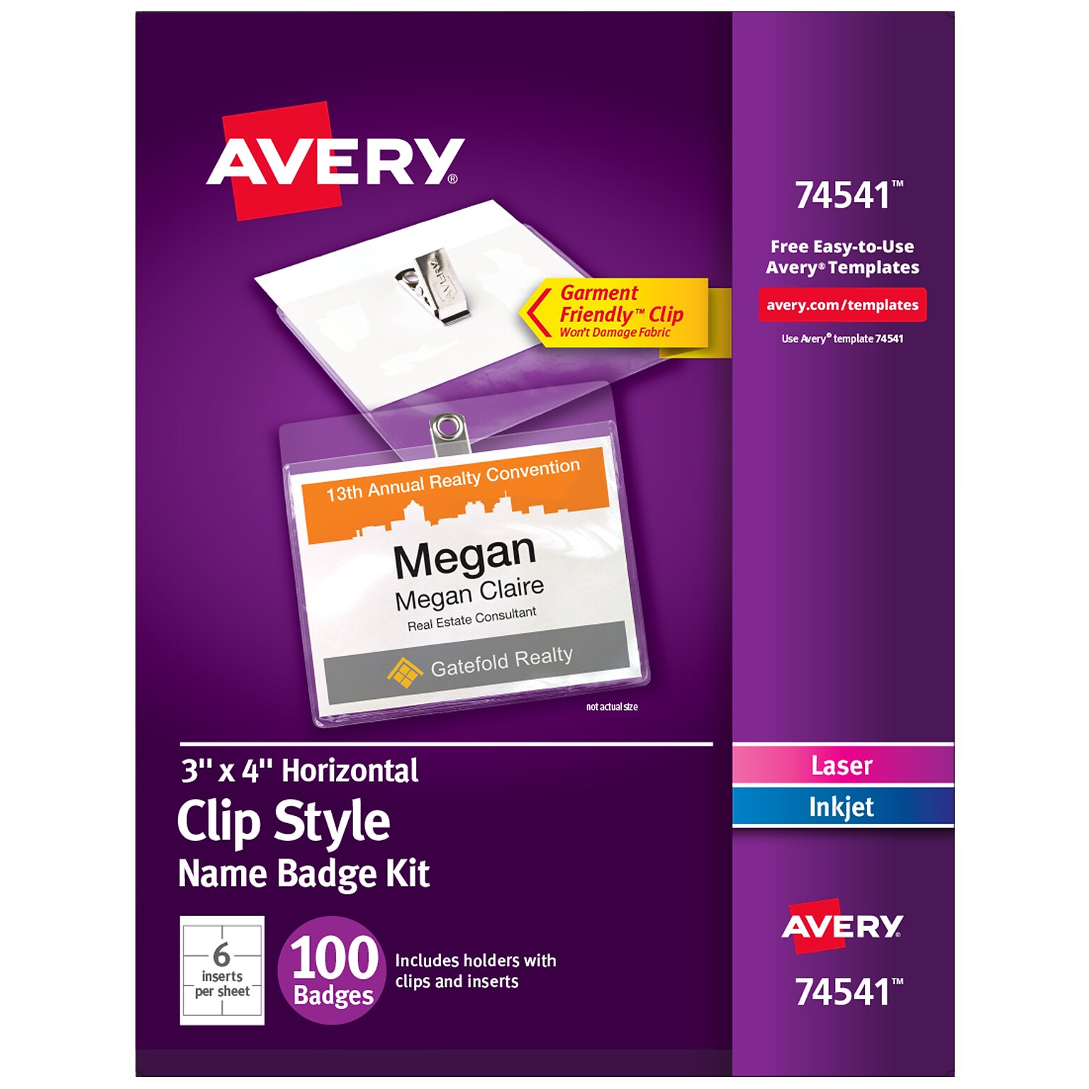 Avery Clip Style Laser/Inkjet Name Badge Kit, 3 x 4, Clear Holders with White Inserts, 100/Box (74541)