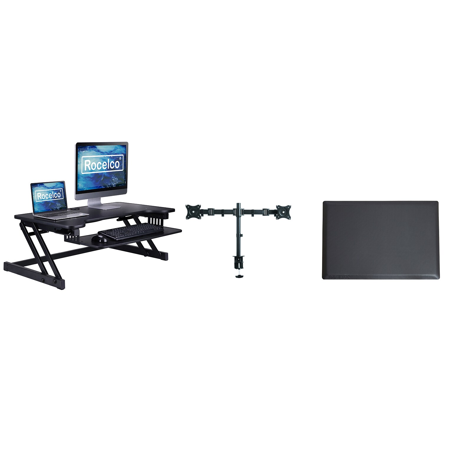 Rocelco 37.5 Height Adjustable Standing Desk Converter with Dual Monitor Arm - Anti Fatigue Mat, Black (R DADRB-DM2-MAF)