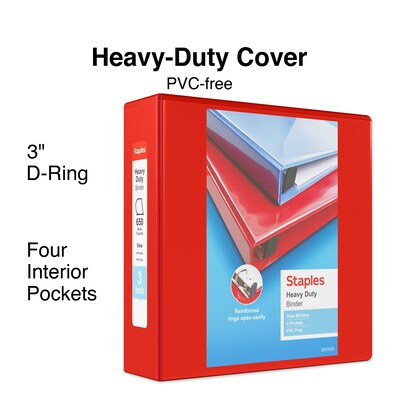 Staples® Heavy Duty 3" 3 Ring View Binder with D-Rings, Red (ST56298-CC)