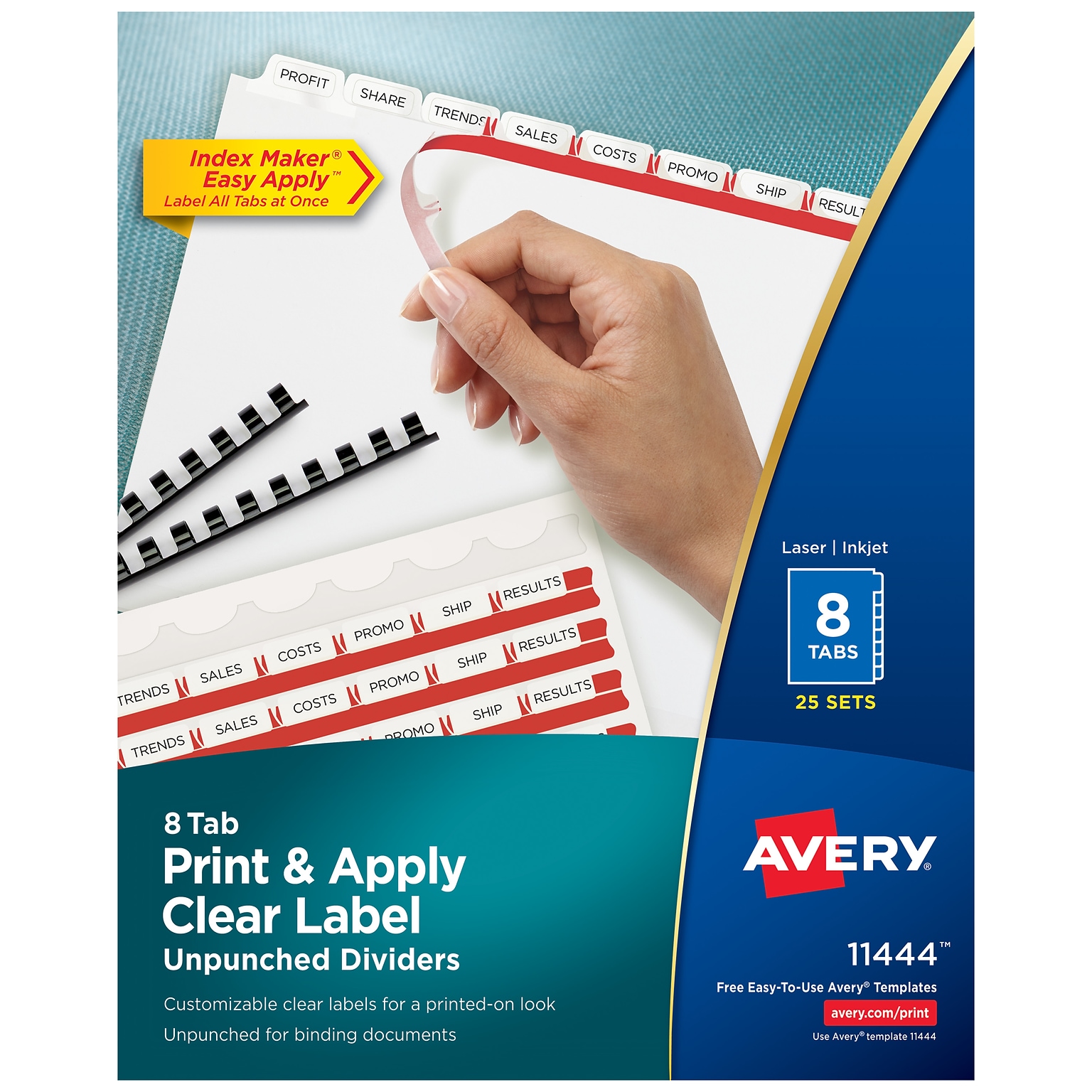 Avery Index Maker Unpunched Paper Dividers with Print & Apply Label Sheets, 8 Tabs, White, 25 Sets/Pack (11444)
