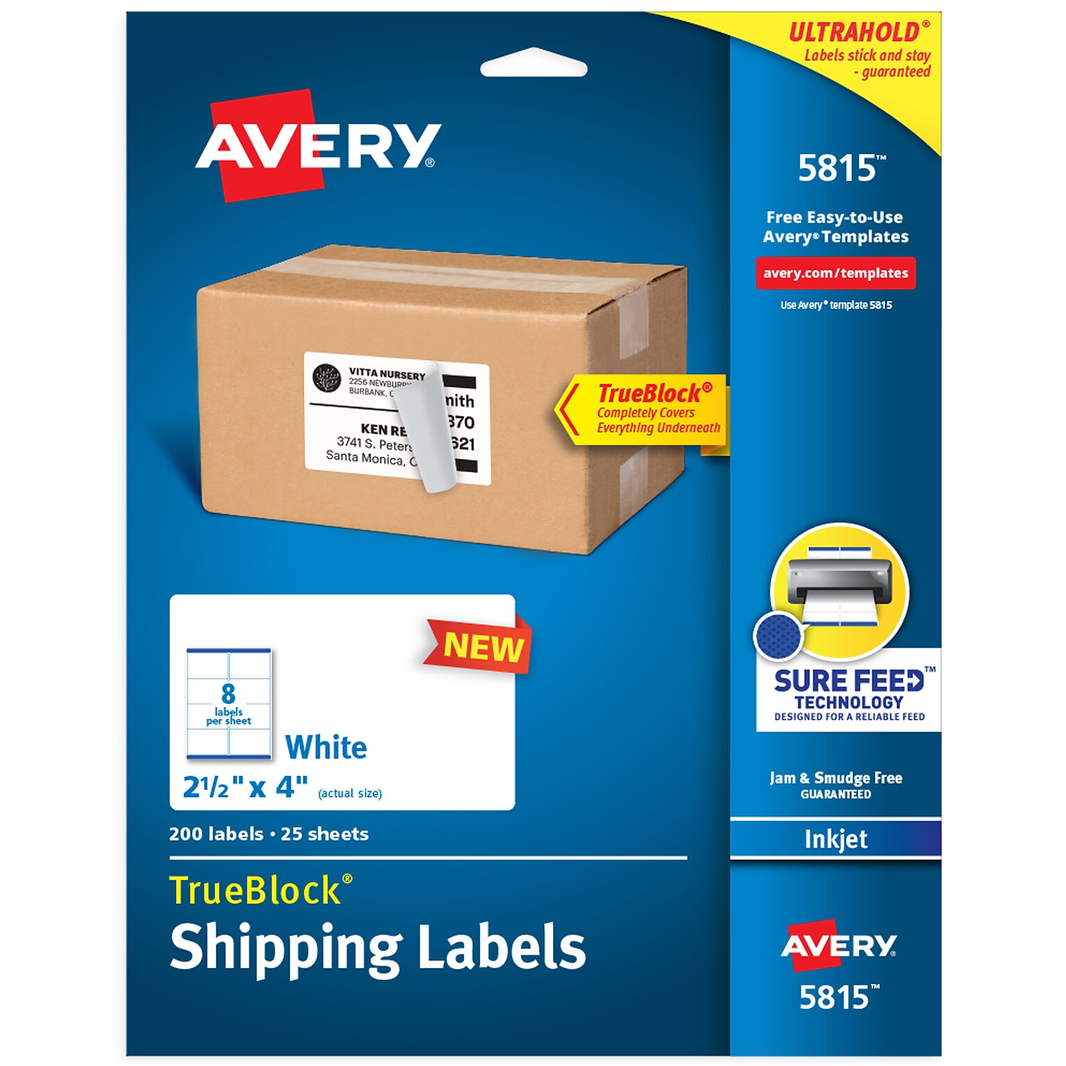Avery TrueBlock Inkjet Shipping Labels, 2-1/2 x 4, White, 8 Labels/Sheet, 25 Sheets/Pack, 200 Labels/Pack (5815)