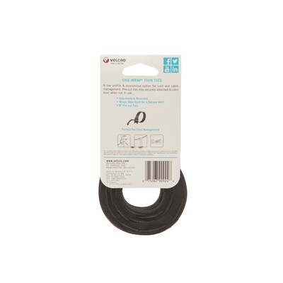 Velcro® Brand One-Wrap® Thin Cable Ties 1/2" x 8", Black/Gray, 50/Pack (90924)