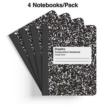 Staples® Composition Notebooks, 7.5 x 9.75, College Ruled, 100 Sheets, Black/White Marble, 4/Pack
