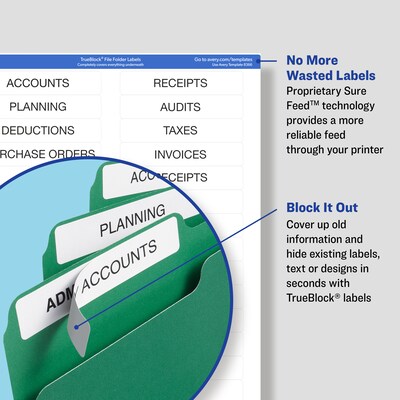 Avery TrueBlock Laser/Inkjet File Folder Labels, 2/3" x 3 7/16", White, 750 Labels/Pack (8366)