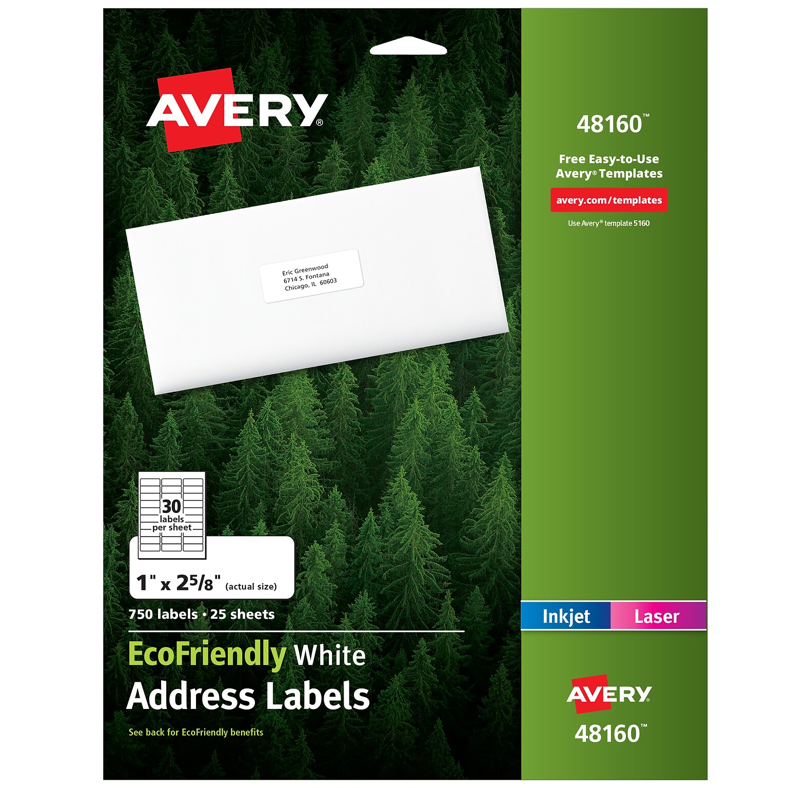 Avery EcoFriendly Laser/Inkjet Address Labels, 1 x 2-5/8, White, 30 Labels/Sheet, 25 Sheets/Pack (48160)