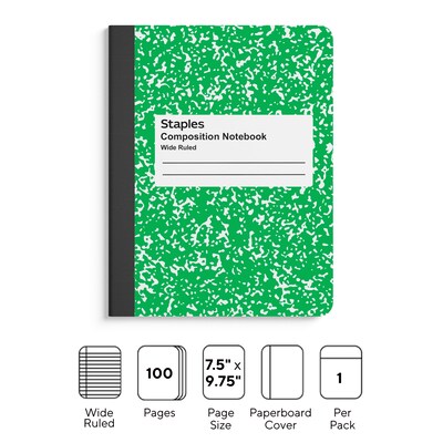 Staples® Composition Notebook, 7.5" x 9.75", Wide Ruled, 100 Sheets, Green (ST55074)