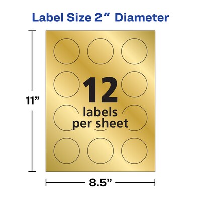 Avery Easy Peel Inkjet Embossed Foil Round Labels, 2" Diameter, Gold, 12 Labels/Sheet, 8 Sheets/Pack, 96 Labels/Pack (22831)
