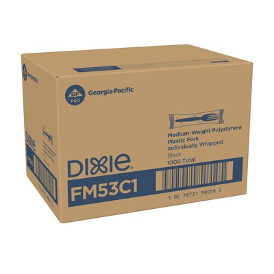 Dixie Individually Wrapped Polystyrene Fork, Medium-Weight, Black, 1000/Carton (FM53C7)
