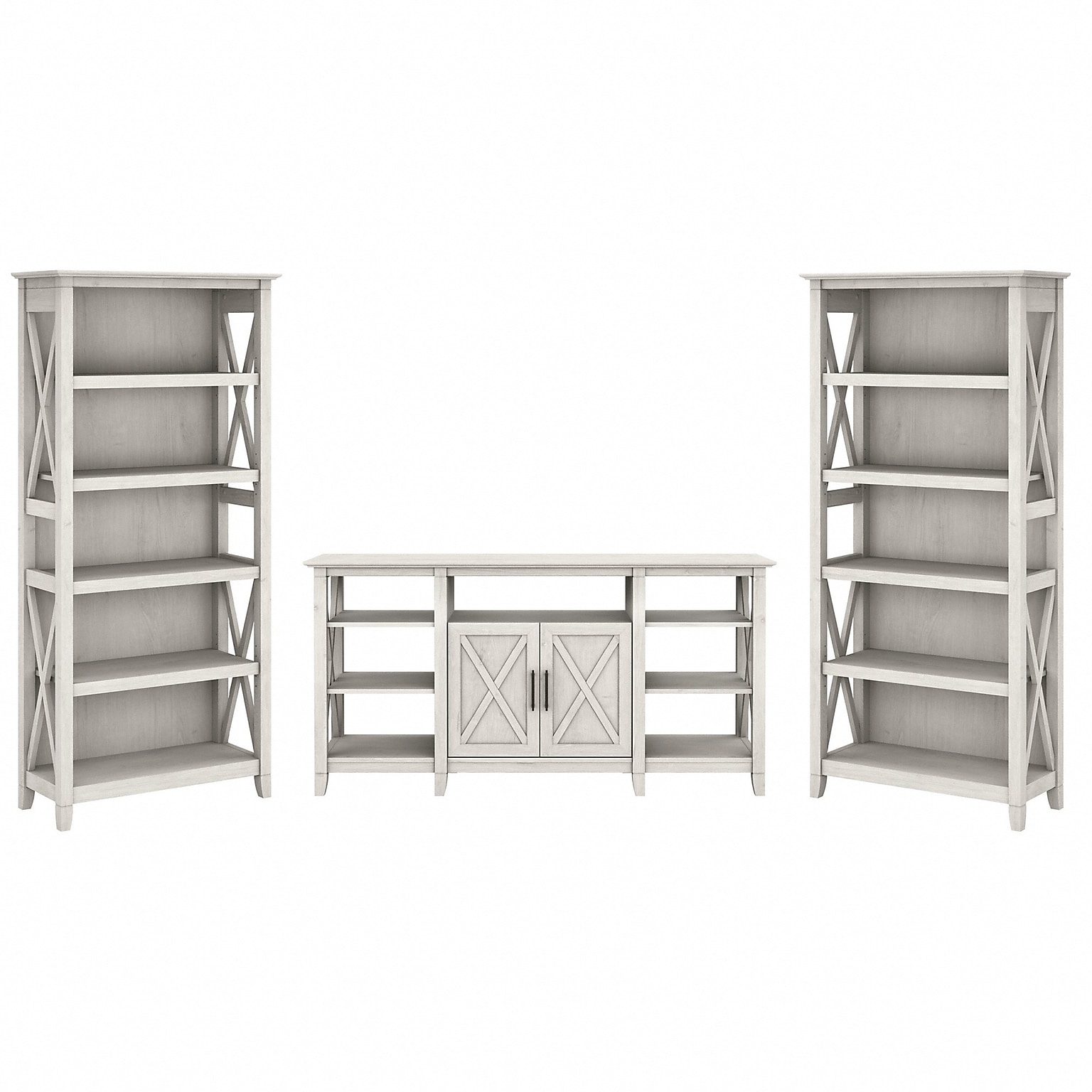 Bush Furniture Key West Tall TV Stand with Set of Two Bookcases, Linen White Oak, Screens up to 65 (KWS027LW)