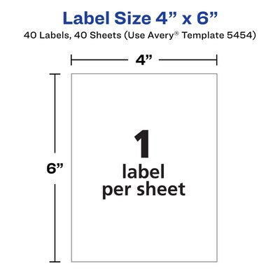 Avery White Printable Removable Self-Adhesive MultiUse ID Label, 4"(H) x 6"(W), 40/Pack (05454)