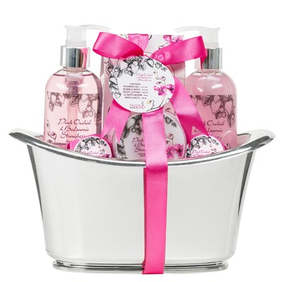 Freida and Joe Pink Orchid & Strawberry Fragrance Bath & Body Spa Gift Set in a Silver Tub Basket (F