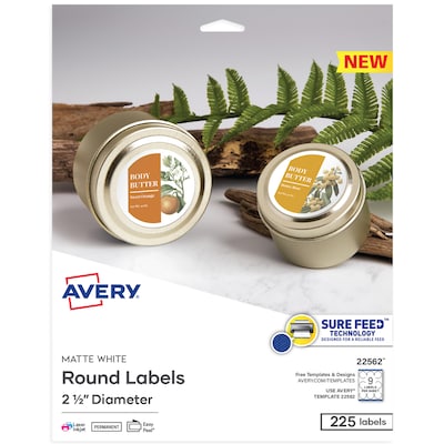 Avery Print-to-the-Edge Laser/Inkjet Labels, 2 1/2 Diameter, White, 9 Labels/Sheet, 25 Sheets/Pack,