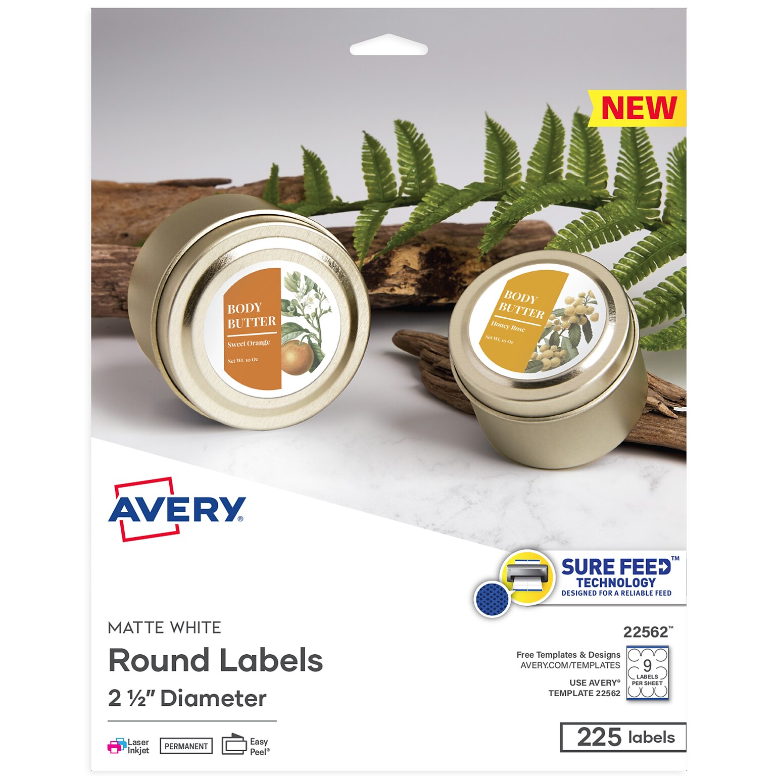 Avery Print-to-the-Edge Laser/Inkjet Labels, 2 1/2 Diameter, White, 9 Labels/Sheet, 25 Sheets/Pack, 225 Labels/Pack (22562)