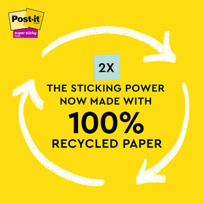 Post-it Recycled Super Sticky Notes, 4" x 4", Oasis Collection, Lined, 70 Sheet/Pad, 3 Pads/Pack (675R-3SST)