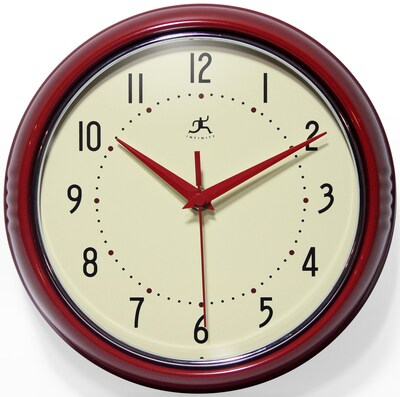 Infinity Instruments Round Retro Wall Clock, Aluminum, 9.5 (10940-RED)