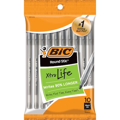 BIC Round Stic Xtra Life Ballpoint Pens, Medium Point, Black Ink, 10/Pack (20123)