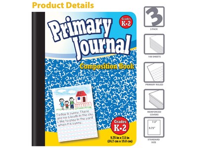 Better Office Primary Journal 1-Subject Composition Notebooks, 7.5" x 9.75", Primary, 100 Sheets, Blue, 3/Pack (25403-3PK)