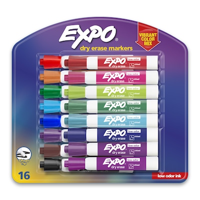 EXPO Low Odor Dry Erase Vibrant Color Markers, Chisel Tip, Assorted Colors, 16/set (1927526SAN)