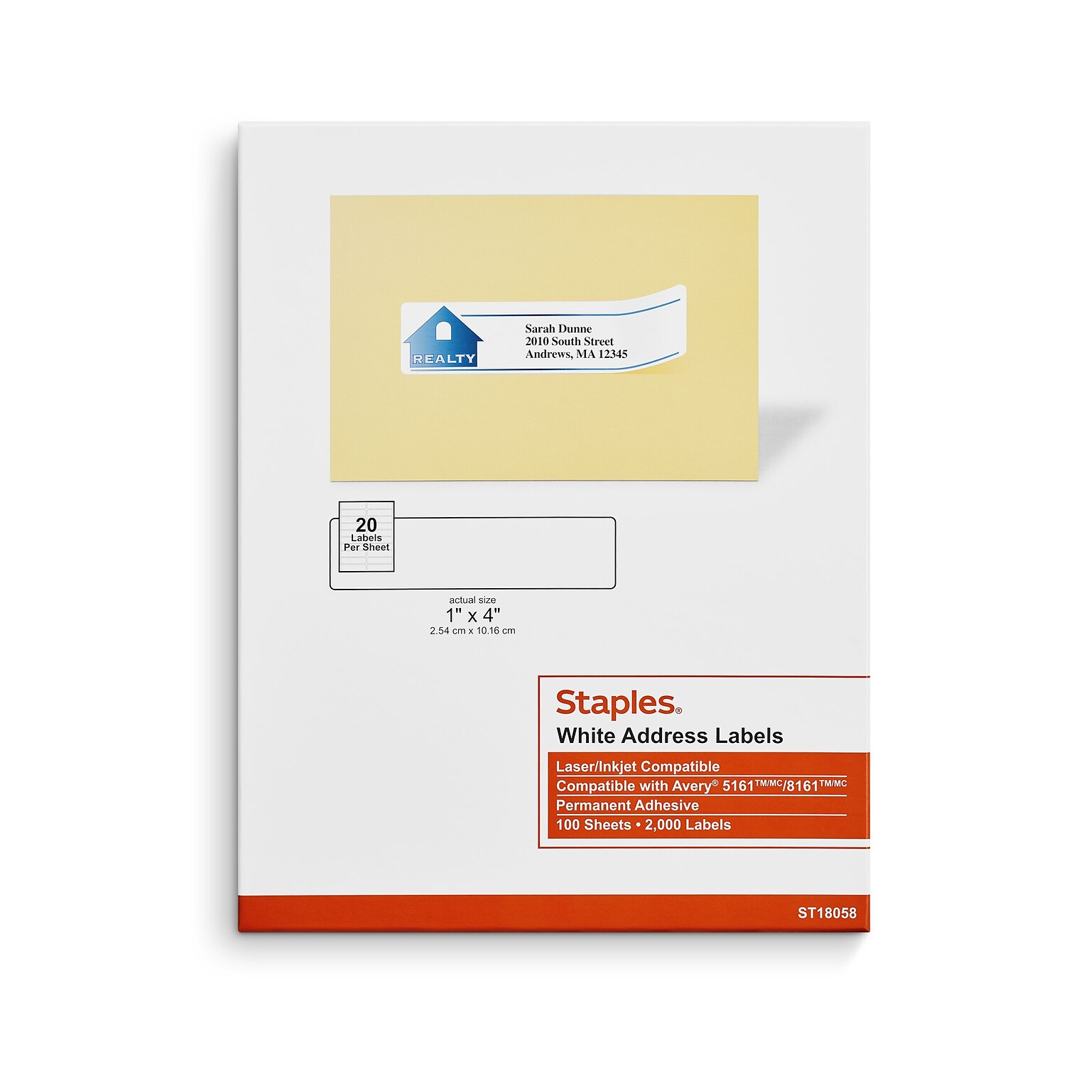 Staples® Laser/Inkjet Address Labels, 1 x 4, White, 20 Labels/Sheet, 100 Sheets/Pack, 2000 Sheets/Box (ST18058-CC)