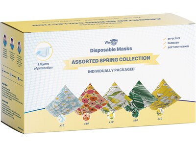 WeCare Individually Wrapped   Disposable Face Masks, 3-Ply, Adult, Assorted Spring Prints, 50/Box (W