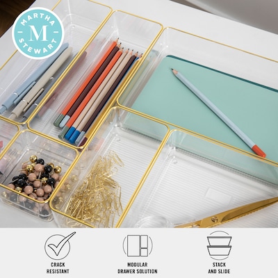 Martha Stewart Kerry Plastic Stackable Office Desk Drawer Organizer, Various Sizes, Clear/Gold, 8/Set (BEPB3371G8CGD)
