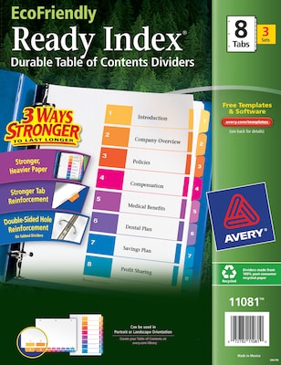 Avery Ready Index Table of Contents EcoFriendly Paper Dividers, 1-8 Tabs, Multicolor, 3 Sets/Pack (1