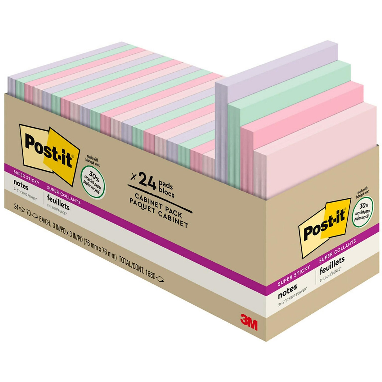 Post-it Recycled Super Sticky Notes, 3 x 3 in., 24 Pads, 70 Sheets/Pad, 2x the Sticking Power, Wanderlust Pastels Collection