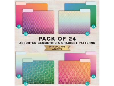 Global Printed Products Deluxe Designer Geometric Foil Heavy Duty File Folders, 1/3-Cut Tab, Assorted Colors, 24/Pack