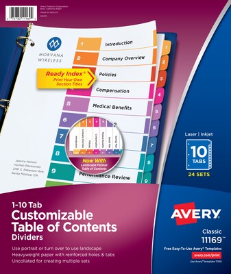 Avery Ready Index Table of Contents Paper Dividers, 1-10 Tabs, Multicolor, 24 Sets/Box (11169)