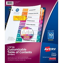 Avery Ready Index Table of Contents Paper Dividers, 1-10 Tabs, Multicolor, 24 Sets/Box (11169)