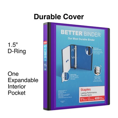 Staples® Better 1-1/2" 3 Ring View Binder with D-Rings, Purple (19061)