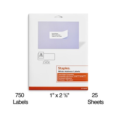 Staples® Laser/Inkjet Address Labels, 1" x 2 5/8", White, 30 Labels/Sheet, 25 Sheets/Pack, 750 Sheets/Box (ST18054-CC)