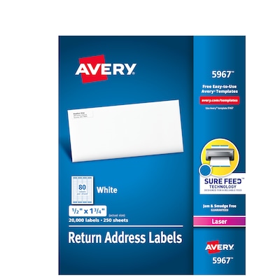 Avery Laser Return Address Labels, 1/2 x 1-3/4, White, 80 Labels/Sheet, 250 Sheets/Box (5967)