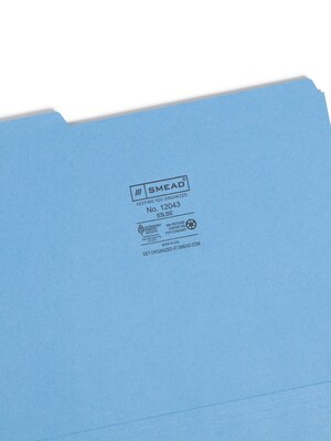 Smead File Folder, 1/3-Cut Tab, Letter Size, Blue, 100/Box (12043)