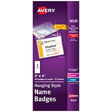 Avery Hanging Style Laser/Inkjet Name Badge Kit, 3 x 4, Clear Holders with White Inserts, 50 Badge