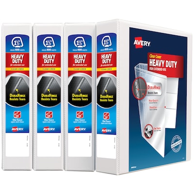 Avery Heavy Duty 1 1/2 3-Ring View Binders, Slant Ring, White, 4/Pack (79781)